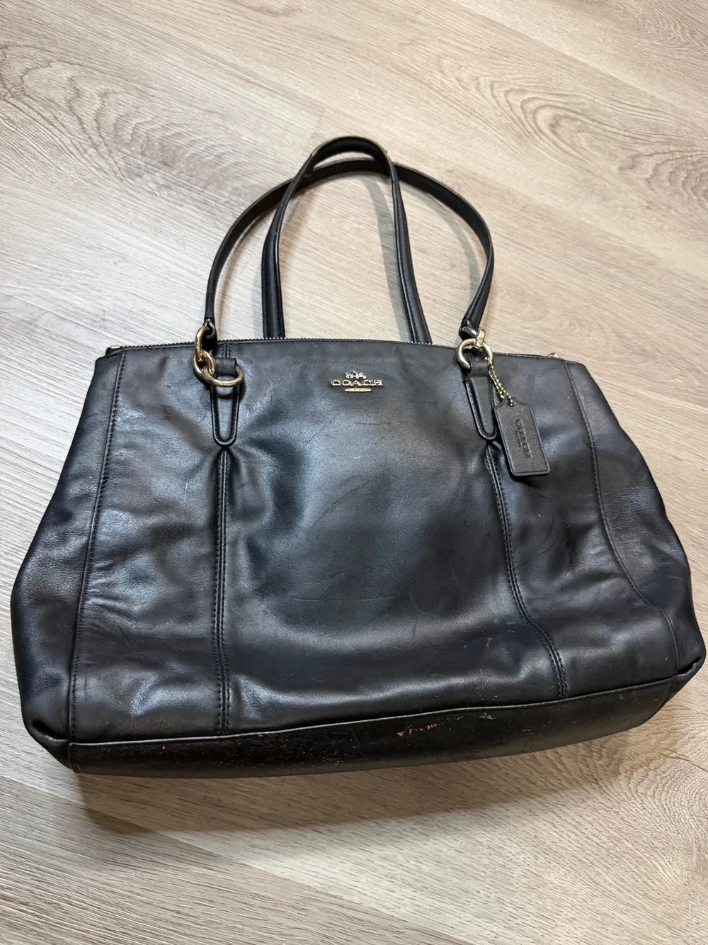 Coach Black Leather Shoulder Tote with Charm Tag